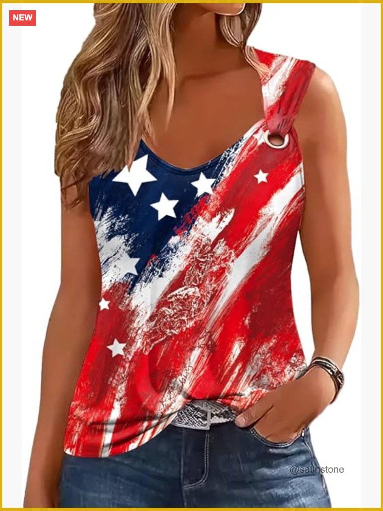 Sleeveless Tank Top With O Ring Shoulder Scoop Neck Loose Fit Floral Print